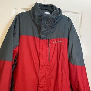 Columbia Red/Gray Jacket Removable Fleece & Hood 3 Zipper Pockets Good Condition